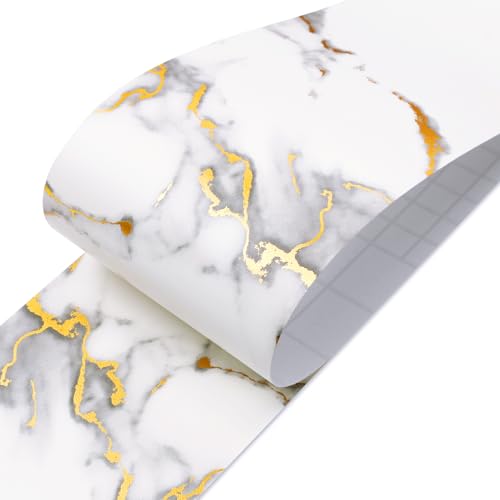 LACHEERY Gold White Marble Wallpaper Border Peel and Stick Bathroom Mirror Frame Border Tape for Mirror Borders Peel and Stick Gold Bulletin Board Borders Trim Sticker Thick Wall Decor Roll 3"x197" - Image 1