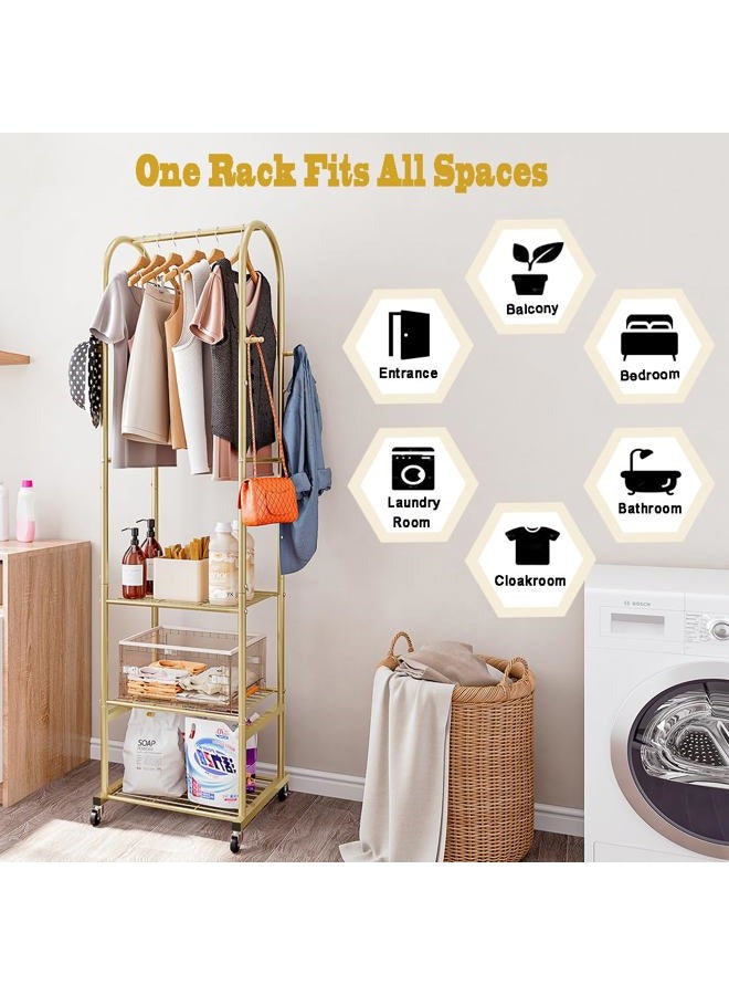 SUOERNUO Clothes Rack With Wheels and 3-Tier Metal Shelves,Clothing Rack For Hanging Clothes With 4 Hooks,Garment Rack Wardrobe Organizer for Small Space,Black (gold, 16.54 * 18.23 * 72.05) - Image 5
