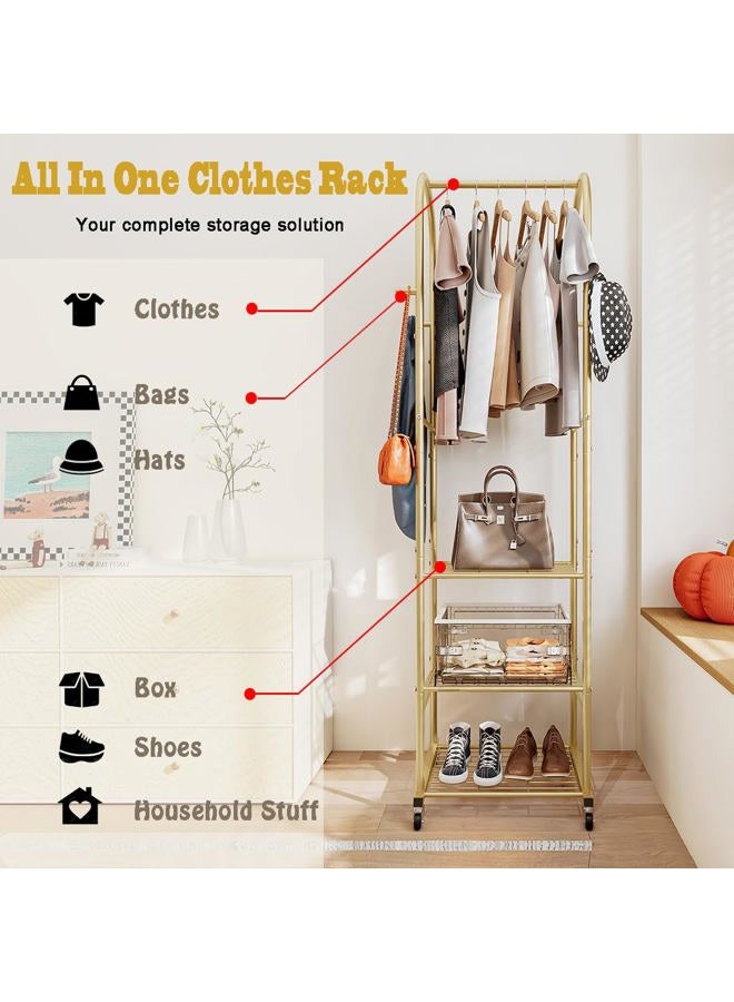 SUOERNUO Clothes Rack With Wheels and 3-Tier Metal Shelves,Clothing Rack For Hanging Clothes With 4 Hooks,Garment Rack Wardrobe Organizer for Small Space,Black (gold, 16.54 * 18.23 * 72.05) - Image 4