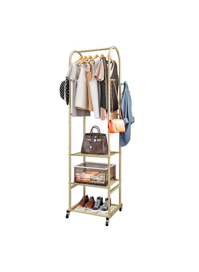 SUOERNUO Clothes Rack With Wheels and 3-Tier Metal Shelves,Clothing Rack For Hanging Clothes With 4 Hooks,Garment Rack Wardrobe Organizer for Small Space,Black (gold, 16.54 * 18.23 * 72.05) - Image 1