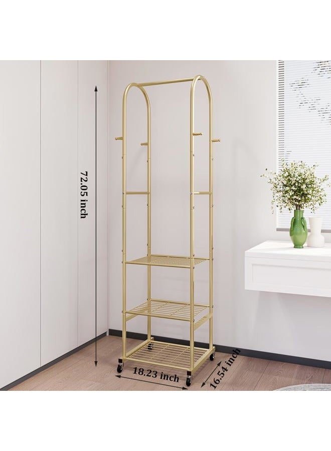 SUOERNUO Clothes Rack With Wheels and 3-Tier Metal Shelves,Clothing Rack For Hanging Clothes With 4 Hooks,Garment Rack Wardrobe Organizer for Small Space,Black (gold, 16.54 * 18.23 * 72.05) - Image 2