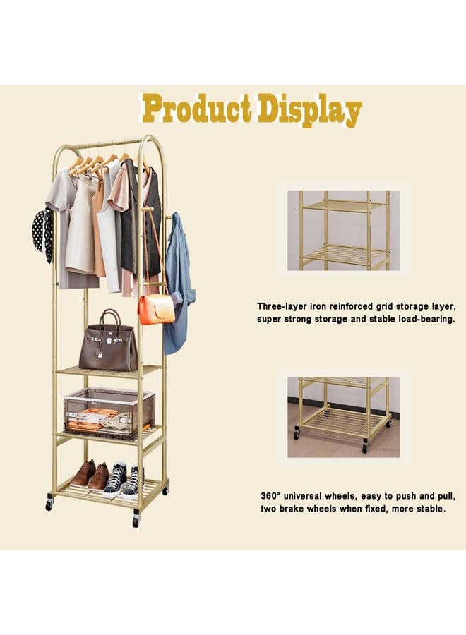 SUOERNUO Clothes Rack With Wheels and 3-Tier Metal Shelves,Clothing Rack For Hanging Clothes With 4 Hooks,Garment Rack Wardrobe Organizer for Small Space,Black (gold, 16.54 * 18.23 * 72.05) - Image 3
