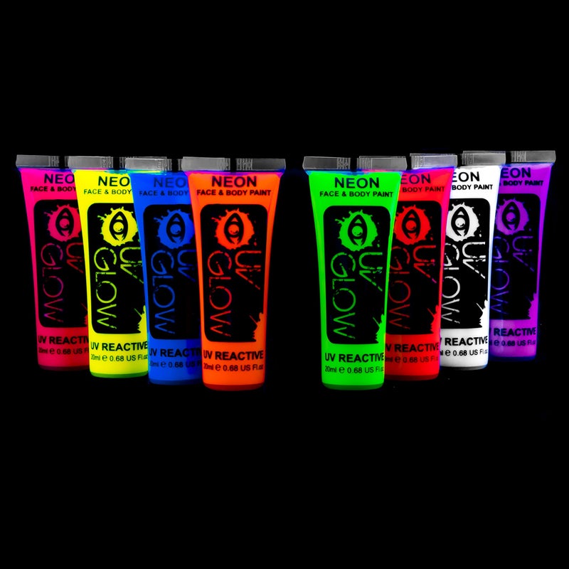 UV Glow Neon Body Paint Set of 8 - 0.68oz Each, Glow in the Dark, Blacklight UV Body Paint for Parties, Festivals and Events Neon Fluorescent - Image 1