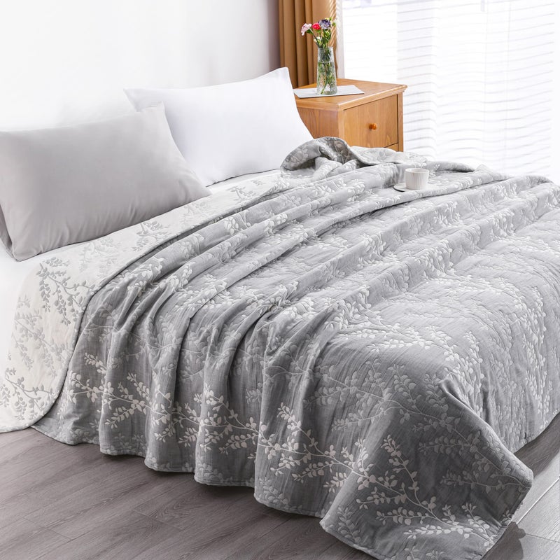 NTBAY 3 Layers Cotton Muslin 106x92 King Bed Blanket Super Soft Breathable Thermal Yarn Dyed Quilt for Adults Perfect Lightweight Blanket for Couch Sofa Bed All Seasons Grey Tree