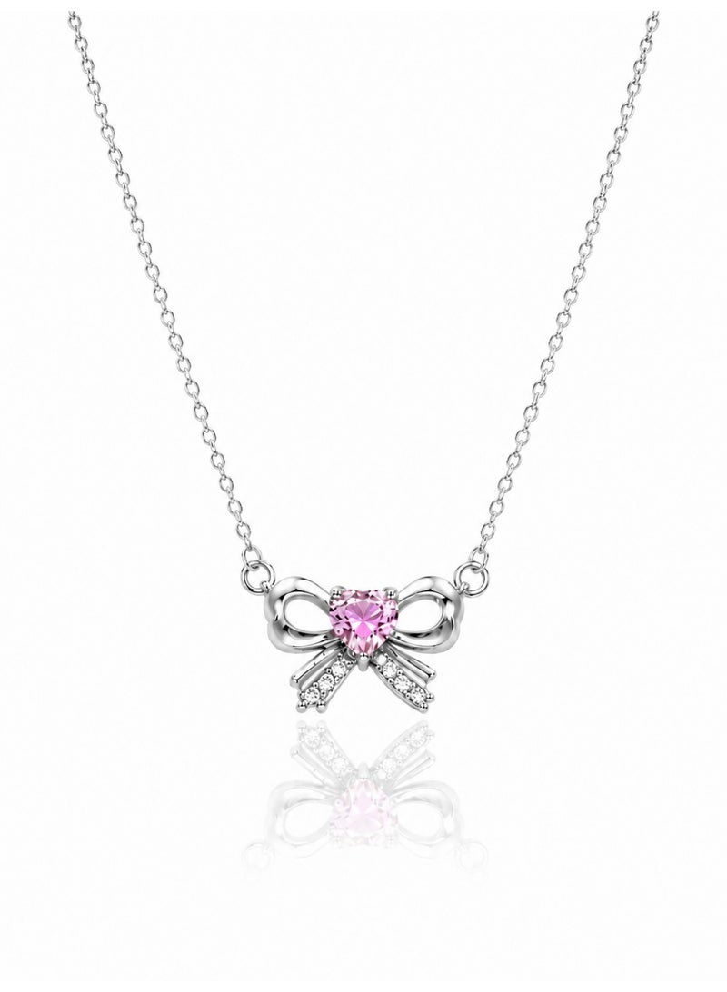 RAFAL Bella Rose Pink Heart & Bow Pendant Necklace for Women – Elegant Silver-Plated Soft Dainty Chain, Premium Sophisticated Romantic Ribbon Jewelry for Special Occasions, Birthdays & Luxury Gifting - Image 1