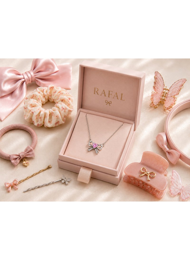 RAFAL Bella Rose Pink Heart & Bow Pendant Necklace for Women – Elegant Silver-Plated Soft Dainty Chain, Premium Sophisticated Romantic Ribbon Jewelry for Special Occasions, Birthdays & Luxury Gifting - Image 4