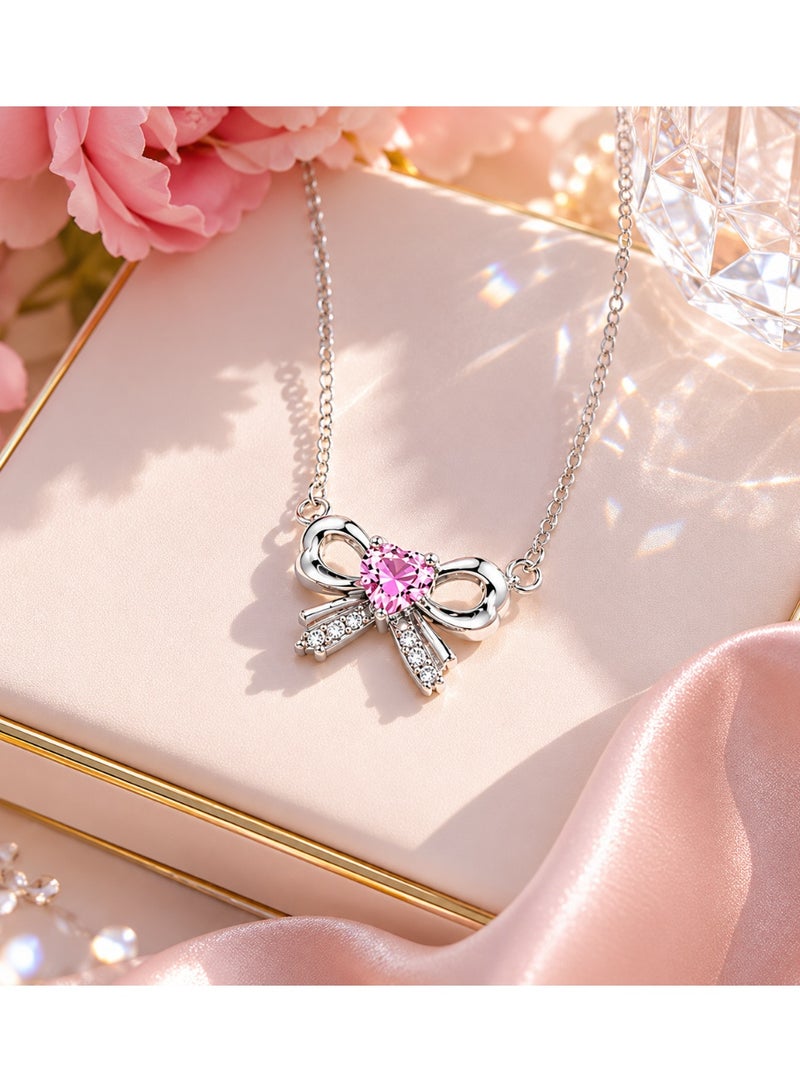 RAFAL Bella Rose Pink Heart & Bow Pendant Necklace for Women – Elegant Silver-Plated Soft Dainty Chain, Premium Sophisticated Romantic Ribbon Jewelry for Special Occasions, Birthdays & Luxury Gifting - Image 2
