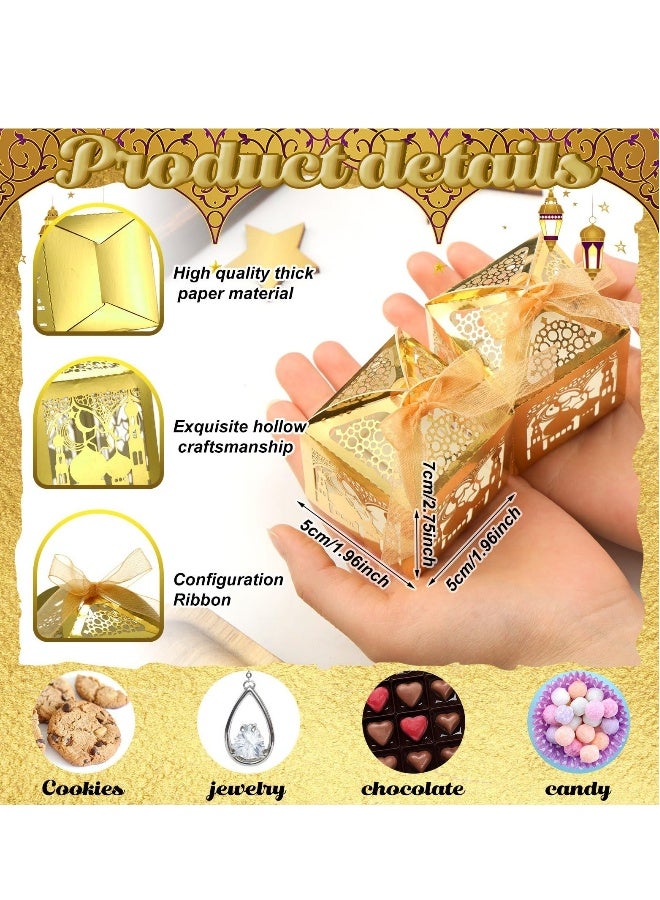 50 Pcs Candy Box Set for Eid Mubarak - Gold Laser Cut Ramadan Gift Boxes with Ribbons for Muslim Party Favors, Islamic Birthday Decorations - Image 1