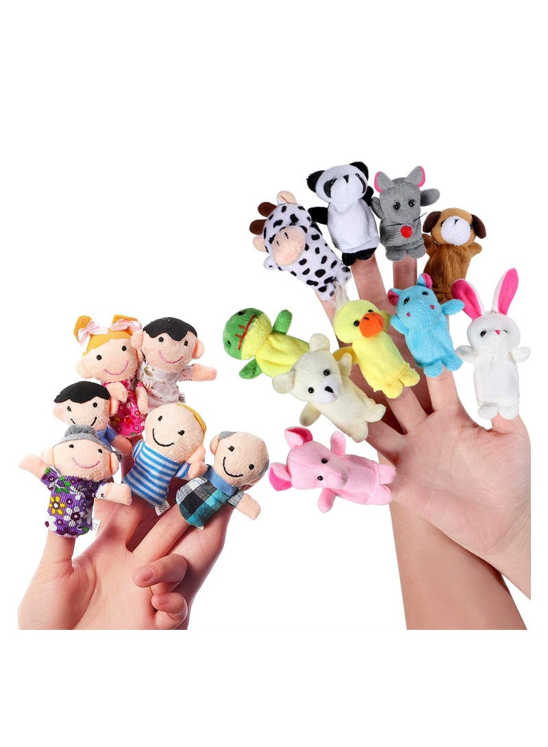 KASTWAVE 16 Pack Soft Plush Finger Puppets Set - 10 Animals + 6 People Family Members Velvet Cute Toys for Children, Story Time, Shows, Playtime, Schools (16pcs) - Image 1