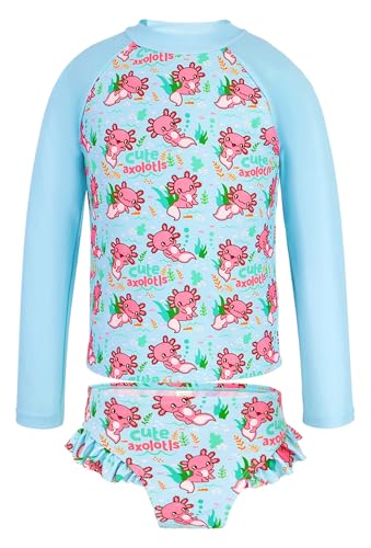 PinkSheep Girls Swimsuit,Axolot lToddler Girls Bathing Suit Two Piece Long Sleeve Rush Guard Swimwear for 3T,UPF 50+ Quick Dry Stretchy Summer Beach Swimsuit - Image 1