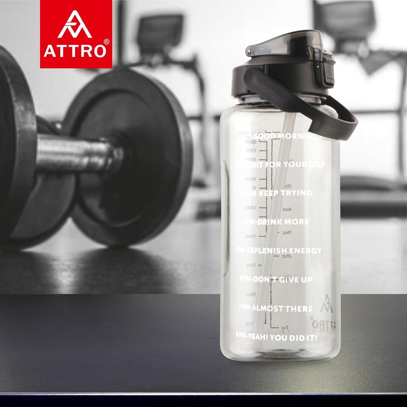 ATTRO زجاجة رياضية سماسير سعة 2 لتر مع اقتباسات وعلامات زمنية مع مقبض سهل الحمل وقشة خالية من BPA، مقاومة للتسرب للجيم، المكتب، التمارين - أسود، بلاستيك - Image 5