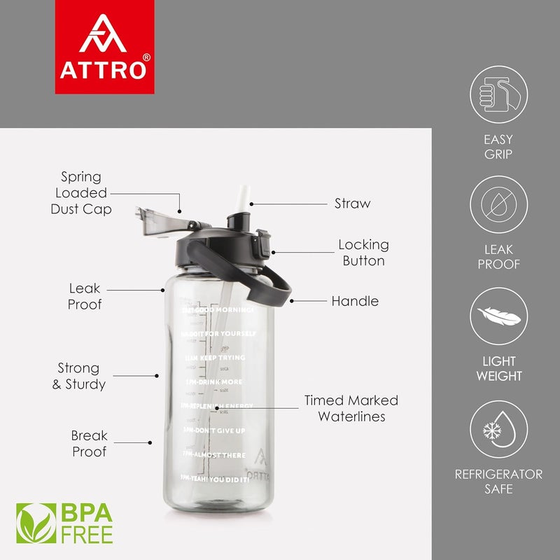ATTRO زجاجة رياضية سماسير سعة 2 لتر مع اقتباسات وعلامات زمنية مع مقبض سهل الحمل وقشة خالية من BPA، مقاومة للتسرب للجيم، المكتب، التمارين - أسود، بلاستيك - Image 2