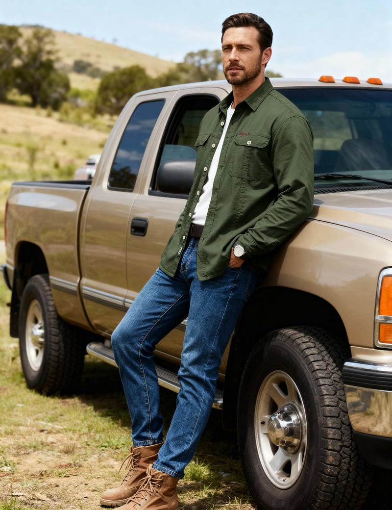 Eisctnd Men's Long Sleeve Cotton Work Shirt Casual Loose Fit Button Down Shirts with 2-Pocket for Outdoor Safari ArmyGreen - Image 2