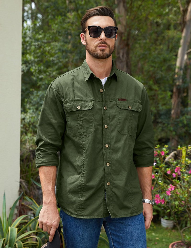 Eisctnd Men's Long Sleeve Cotton Work Shirt Casual Loose Fit Button Down Shirts with 2-Pocket for Outdoor Safari ArmyGreen - Image 4
