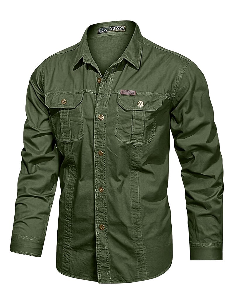 Eisctnd Men's Long Sleeve Cotton Work Shirt Casual Loose Fit Button Down Shirts with 2-Pocket for Outdoor Safari ArmyGreen - Image 1