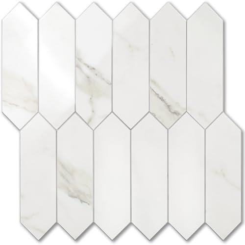 Vamos Tile بلاط فاموس لامع أبيض رخامي بلاط خلفية قابل للإزالة واللصق، 12.8 × 12.8 بوصة 10 أوراق بلاط موزاييك سداسي الشكل ذاتي اللصق من PVC للصق على خلفية المطبخ والحمام - Image 1