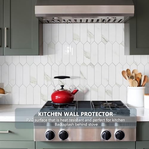 Vamos Tile بلاط فاموس لامع أبيض رخامي بلاط خلفية قابل للإزالة واللصق، 12.8 × 12.8 بوصة 10 أوراق بلاط موزاييك سداسي الشكل ذاتي اللصق من PVC للصق على خلفية المطبخ والحمام - Image 2