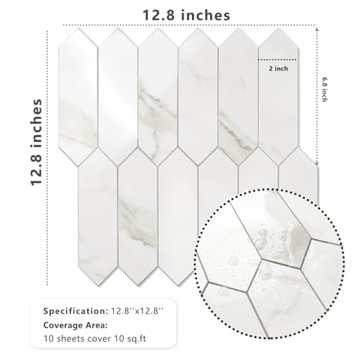 Vamos Tile بلاط فاموس لامع أبيض رخامي بلاط خلفية قابل للإزالة واللصق، 12.8 × 12.8 بوصة 10 أوراق بلاط موزاييك سداسي الشكل ذاتي اللصق من PVC للصق على خلفية المطبخ والحمام - Image 4