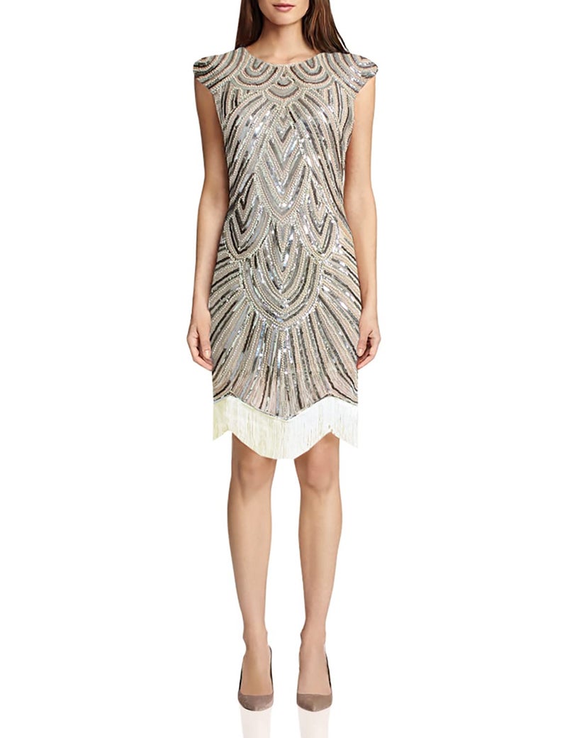 Vijiv Art Deco Great Gatsby Inspired Tassel Beaded 1920s Flapper Dress, Beige, XX-Large - Image 1