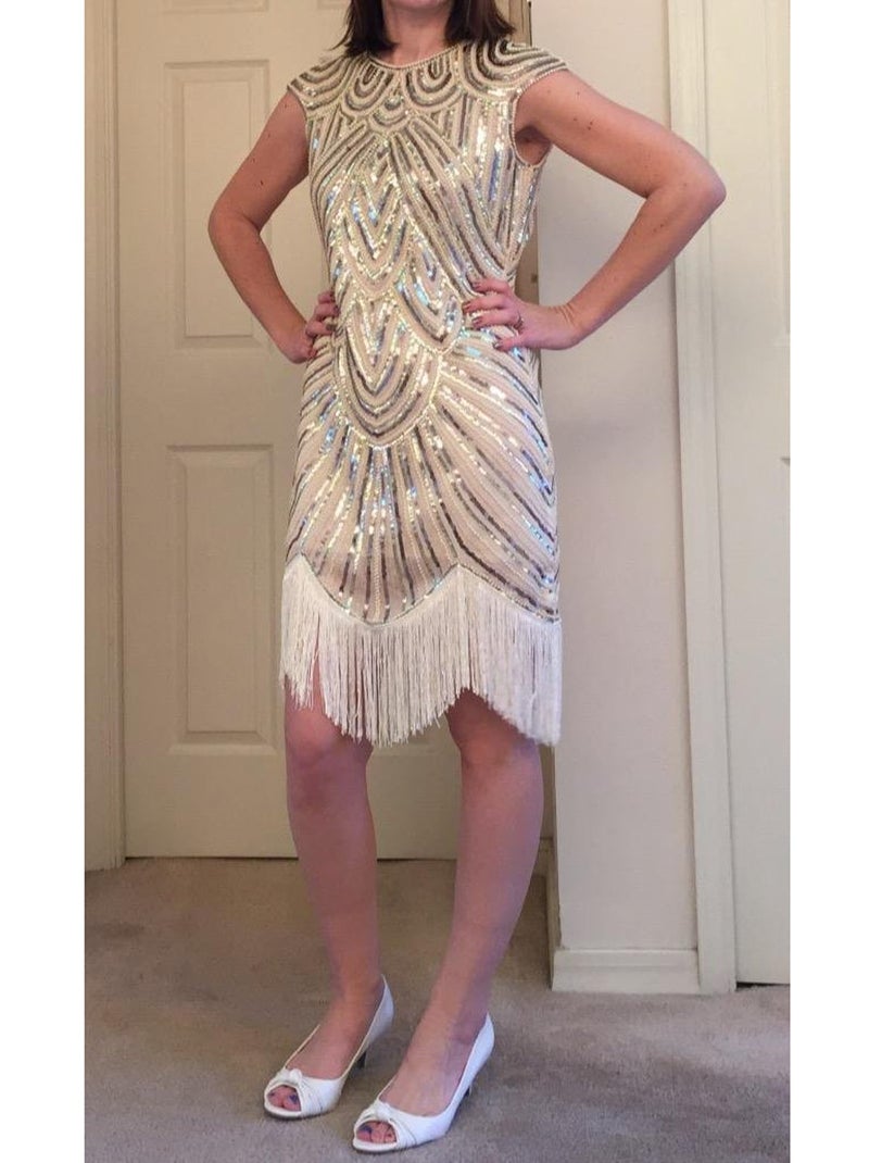 Vijiv Art Deco Great Gatsby Inspired Tassel Beaded 1920s Flapper Dress, Beige, XX-Large - Image 3