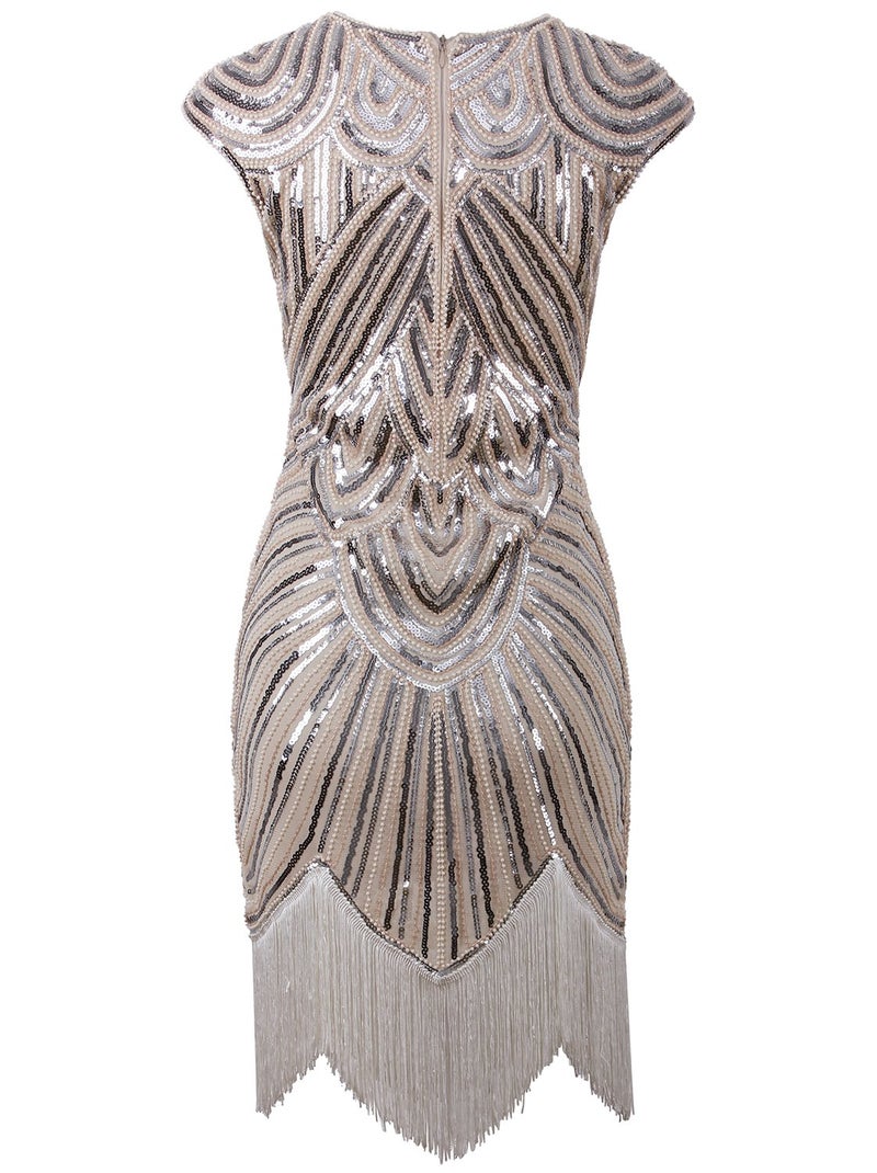Vijiv Art Deco Great Gatsby Inspired Tassel Beaded 1920s Flapper Dress, Beige, XX-Large - Image 2