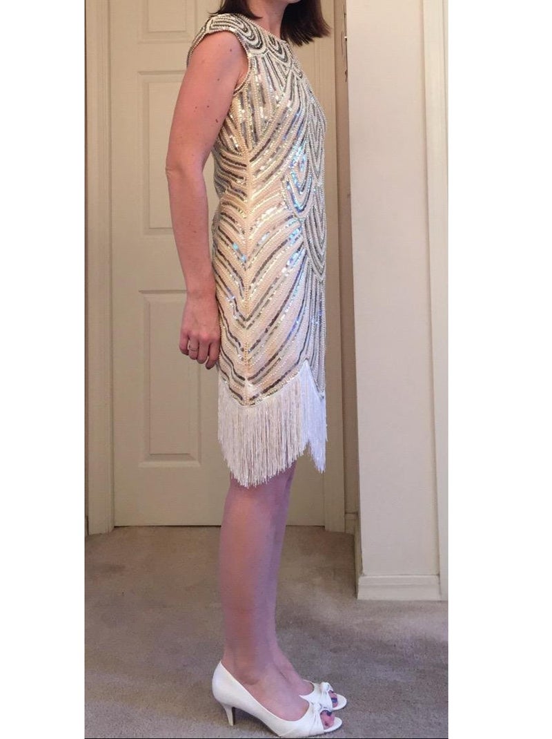 Vijiv Art Deco Great Gatsby Inspired Tassel Beaded 1920s Flapper Dress, Beige, XX-Large - Image 4