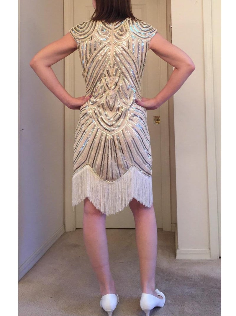 Vijiv Art Deco Great Gatsby Inspired Tassel Beaded 1920s Flapper Dress, Beige, XX-Large - Image 5