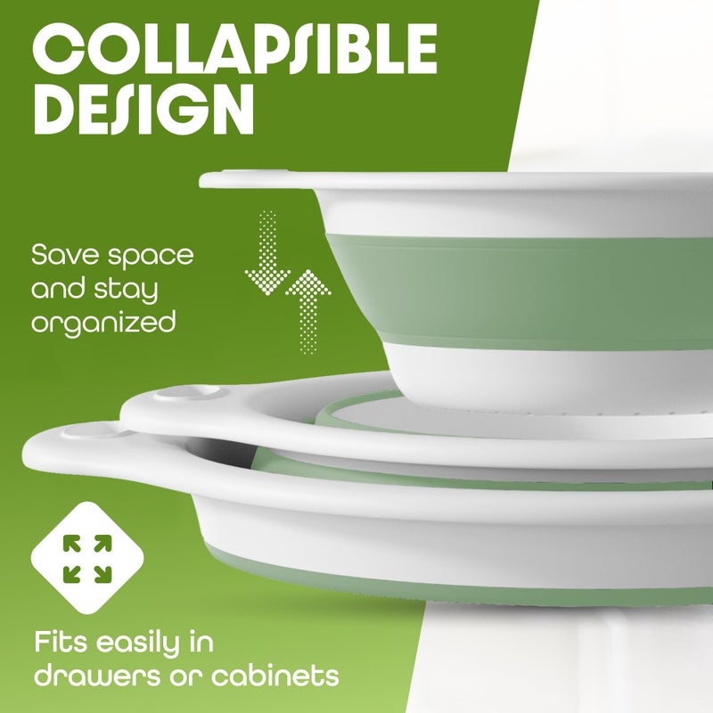 Gevoli Collapsible Colanders (2 Pack Set) Food Strainers with Over-Sink Water Draining Base for Pasta Fruits and Vegetables (4 and 5 Quart) - White/Sage - Image 3
