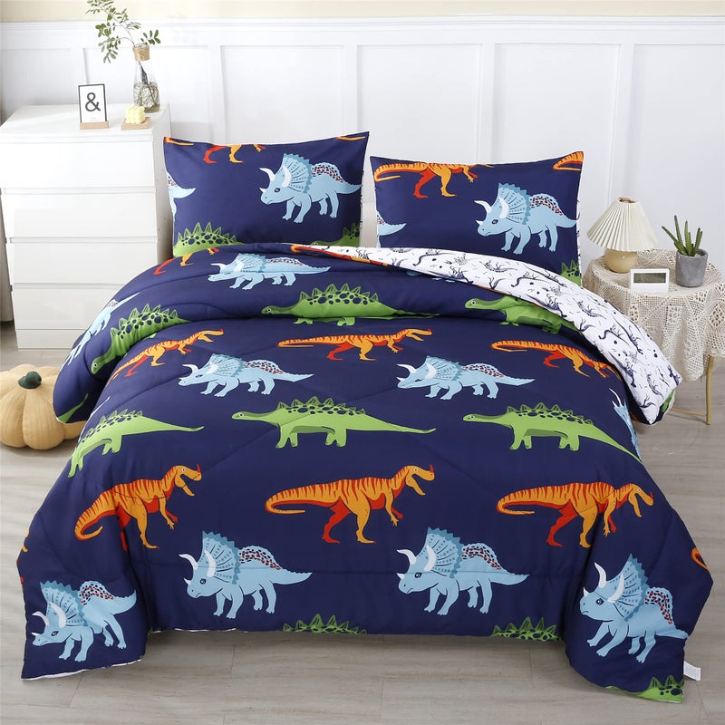 RYNGHIPY Cartoon Dinosaur Comforter Set Dark Blue Dinosaur Kids Bedding Set for Boys Dinosaurs Print Comforter Sets for KidsToddlersTeens DinosaurQueen