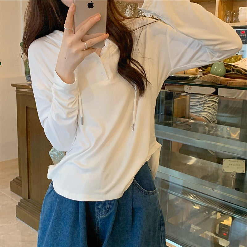 2023 Autumn Slim Hoodie Korean Long Sleeve Womens Tee Grey  - Image 2