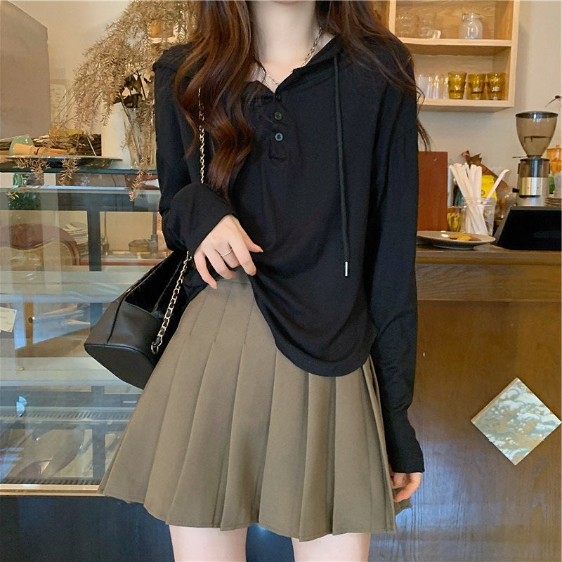 2023 Autumn Slim Hoodie Korean Long Sleeve Womens Tee Grey  - Image 3