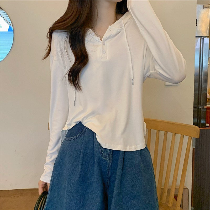 2023 Autumn Slim Hoodie Korean Long Sleeve Womens Tee Grey  - Image 4