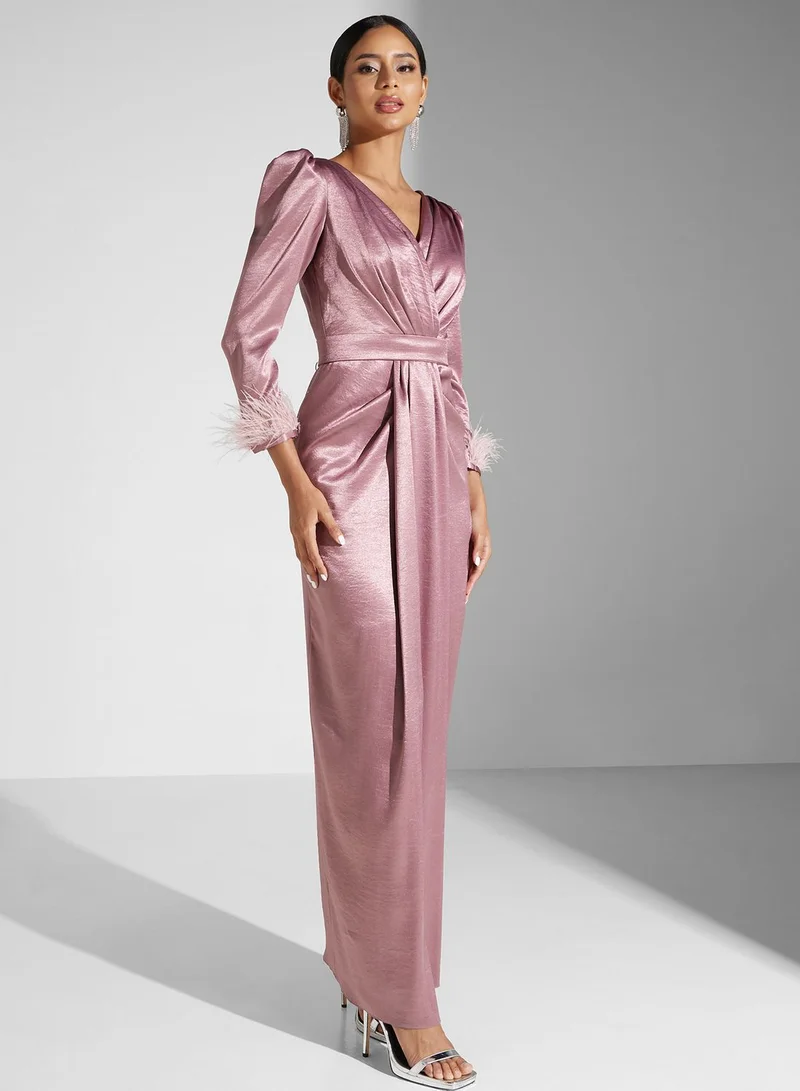 Akadia Fashion Surplice Neck Puff Sleeve Dress