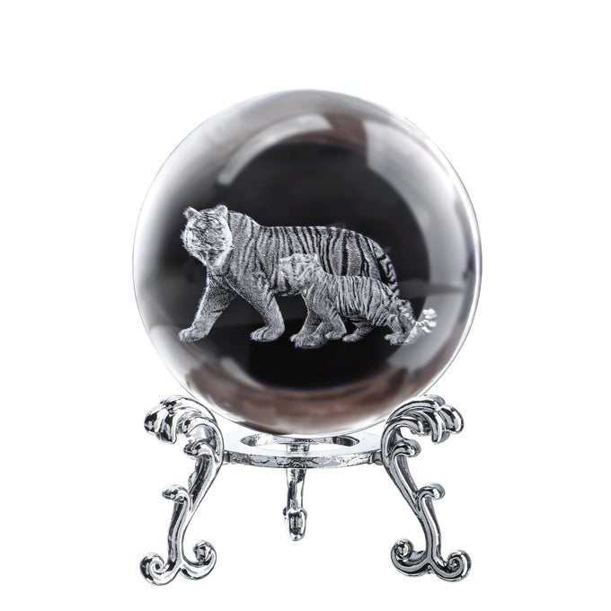 60MM 3D CRYSTAL BALL WITH STAND LASER ENGRAVED TIGERS BALL FIGURINE DECORATIVE GLASS COLLECTIBLES