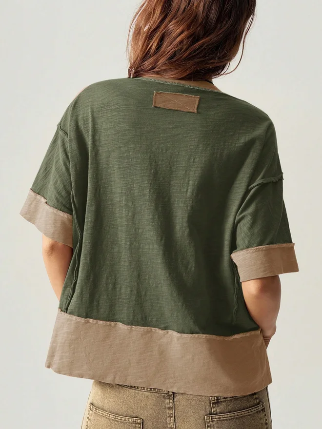 Take Two Green Contrast Trim 100% Cotton Drop Shoulder T-Shirt