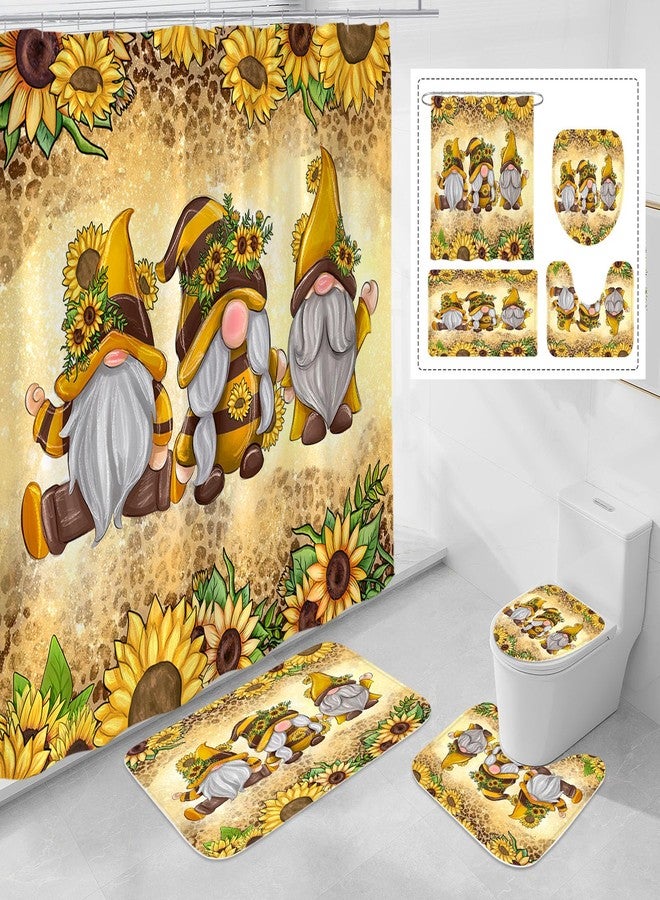 Litabel 4 Pcs Sunflower Gnomes Shower Curtain Set with Non-Slip Rugs, Toilet Lid Cover and Bath Mat, Farmhouse Country Bathroom Decor Set with Shower Curtain and Rugs(Hooks Not Included) - Image 1