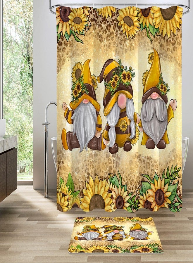 Litabel 4 Pcs Sunflower Gnomes Shower Curtain Set with Non-Slip Rugs, Toilet Lid Cover and Bath Mat, Farmhouse Country Bathroom Decor Set with Shower Curtain and Rugs(Hooks Not Included) - Image 3