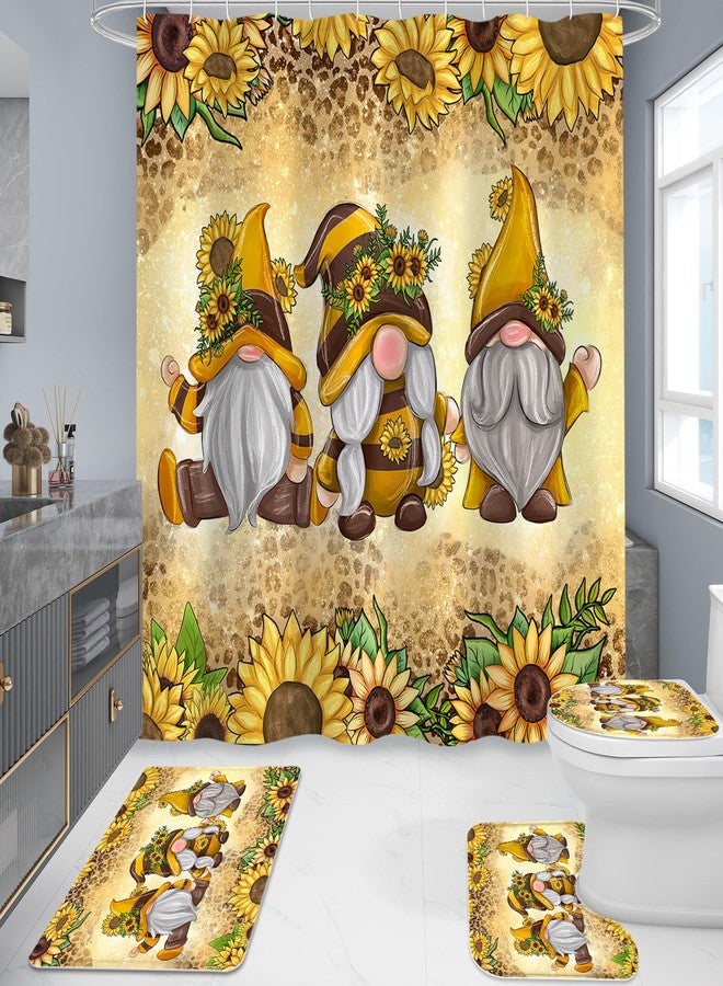Litabel 4 Pcs Sunflower Gnomes Shower Curtain Set with Non-Slip Rugs, Toilet Lid Cover and Bath Mat, Farmhouse Country Bathroom Decor Set with Shower Curtain and Rugs(Hooks Not Included) - Image 2