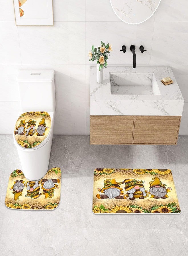Litabel 4 Pcs Sunflower Gnomes Shower Curtain Set with Non-Slip Rugs, Toilet Lid Cover and Bath Mat, Farmhouse Country Bathroom Decor Set with Shower Curtain and Rugs(Hooks Not Included) - Image 4