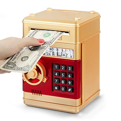 Refasy Money Bank for Kids Age 3 4 5+, Electronic Piggy Bank Money Coin Safe ATM Bank Money Safe for 3-12 Year Old Boys Girls Toys Gifts, Mini ATM Kid Bank Password Money Saving Box Coin Can (Gold) - Image 1