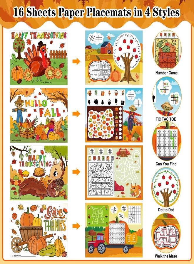 PETCEE Thanksgiving Coloring Placemats - 16PCS 14''x10'' Double-Sided Kids Placemats for Colorful Craft Activity & Party Decorations - Image 3