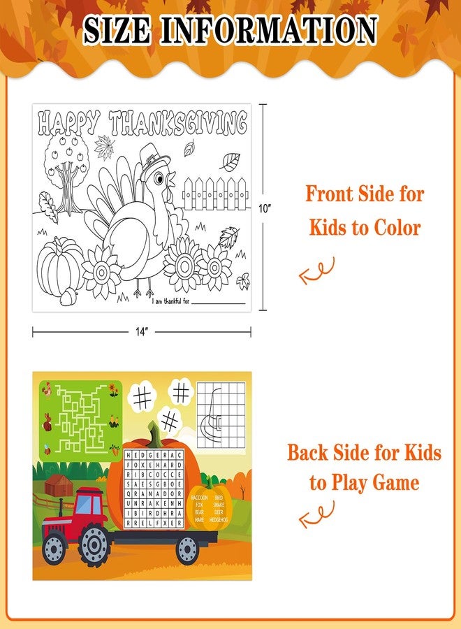 PETCEE Thanksgiving Coloring Placemats - 16PCS 14''x10'' Double-Sided Kids Placemats for Colorful Craft Activity & Party Decorations - Image 2