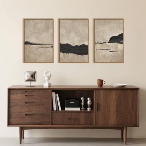 Aryroi Large Abstract Black and Tan Framed Canvas Wall Art,Vintage Minimalist Wall Decor,Neutral Brush Stroke Artwork,Modern Textured Art Print for Living Room,Bedroom,Office- 16"x24"x3 - Image 3