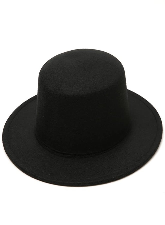 NaRaMax Classic Fashion Black Wide Brim Flat Top Fedora Panama Hat Felt Church Derby Cap Pork Pie Hat Jazz Hat - Image 1