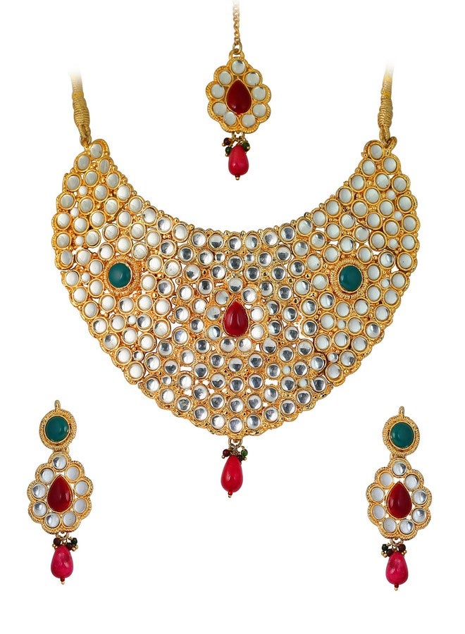 Touchstone Gold Tone Indian Bollywood Kundan Look Faux Ruby Emerald Wider Bridal Jewelry Necklace Set - Image 1