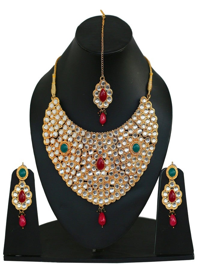 Touchstone Gold Tone Indian Bollywood Kundan Look Faux Ruby Emerald Wider Bridal Jewelry Necklace Set - Image 2