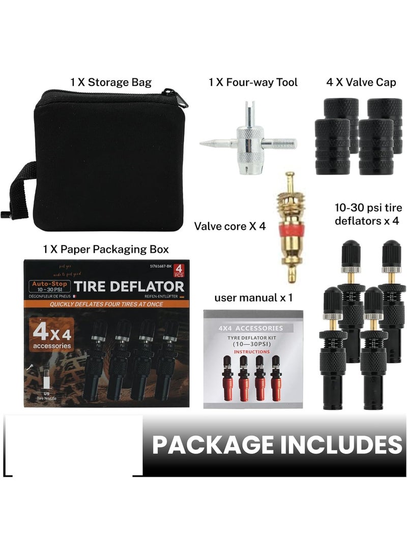 طقم صمام تفريغ هواء الإطارات القابل للتعديل والتوقف التلقائي (10-30 رطل/بوصة مربعة)، 4 قطع من أداة تفريغ هواء الإطارات اللولبية، مع حقيبة تخزين وغطاء صمام، متوافق مع سيارات الجيب والسيارات والشاحنات والدراجات النارية والمركبات الرباعية. - Image 2