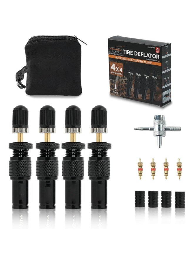 طقم صمام تفريغ هواء الإطارات القابل للتعديل والتوقف التلقائي (10-30 رطل/بوصة مربعة)، 4 قطع من أداة تفريغ هواء الإطارات اللولبية، مع حقيبة تخزين وغطاء صمام، متوافق مع سيارات الجيب والسيارات والشاحنات والدراجات النارية والمركبات الرباعية. - Image 1