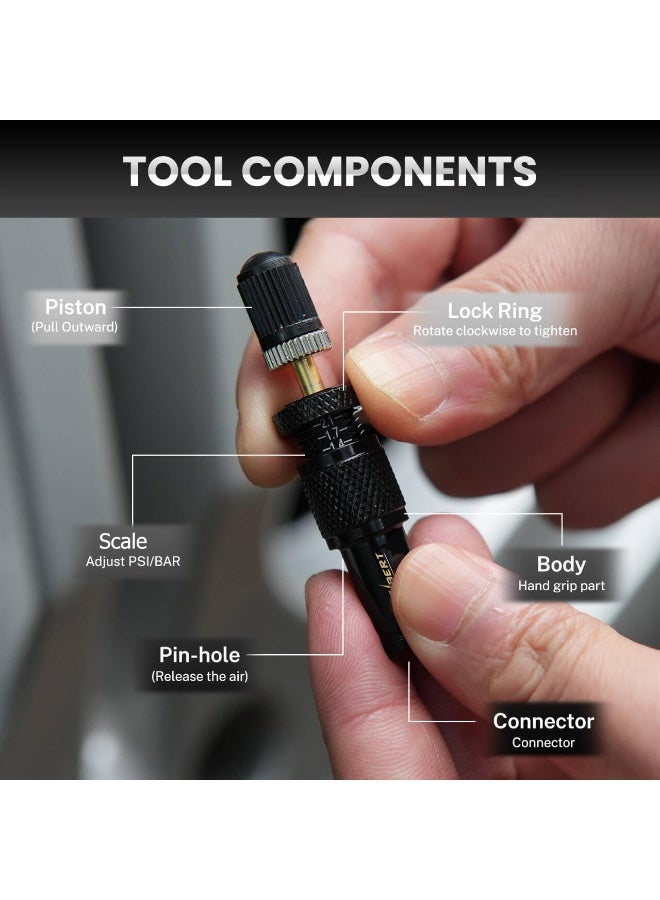 طقم صمام تفريغ هواء الإطارات القابل للتعديل والتوقف التلقائي (10-30 رطل/بوصة مربعة)، 4 قطع من أداة تفريغ هواء الإطارات اللولبية، مع حقيبة تخزين وغطاء صمام، متوافق مع سيارات الجيب والسيارات والشاحنات والدراجات النارية والمركبات الرباعية. - Image 4
