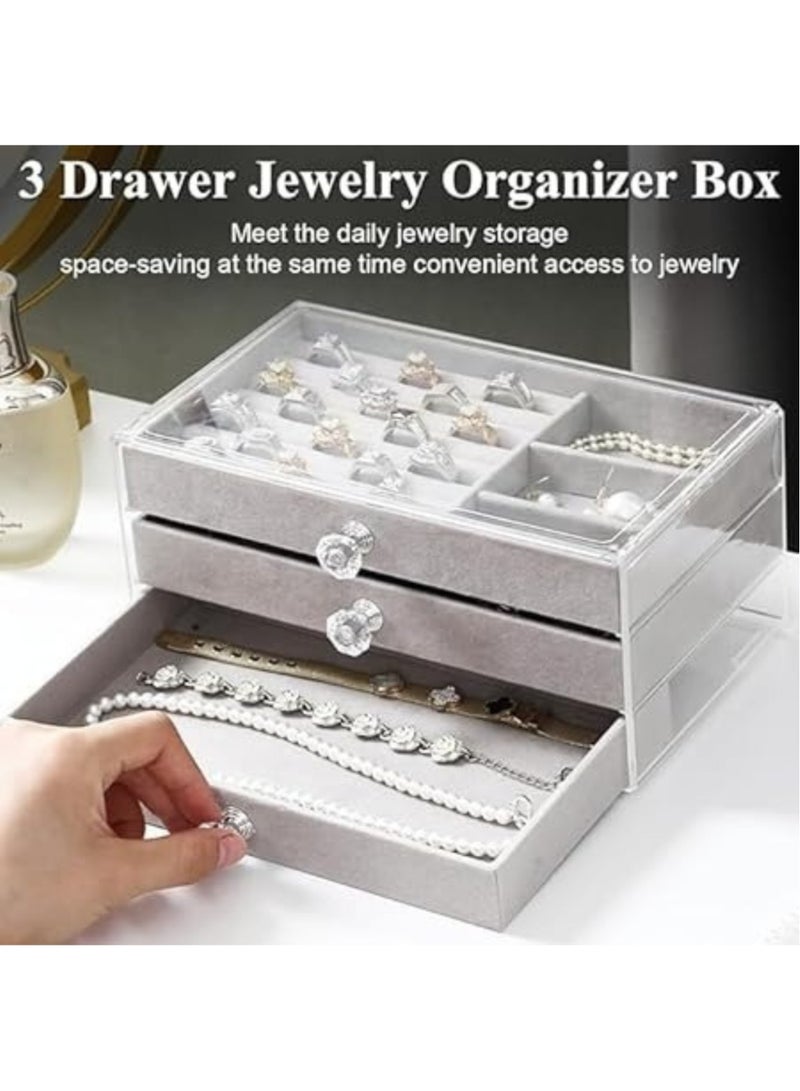 Acrylic Jewelry Organizer Box Cosmetic Storage Organizer Box Clear Jewelry Case with 3 Drawers Adjustable Jewelry Box Gray - Image 2